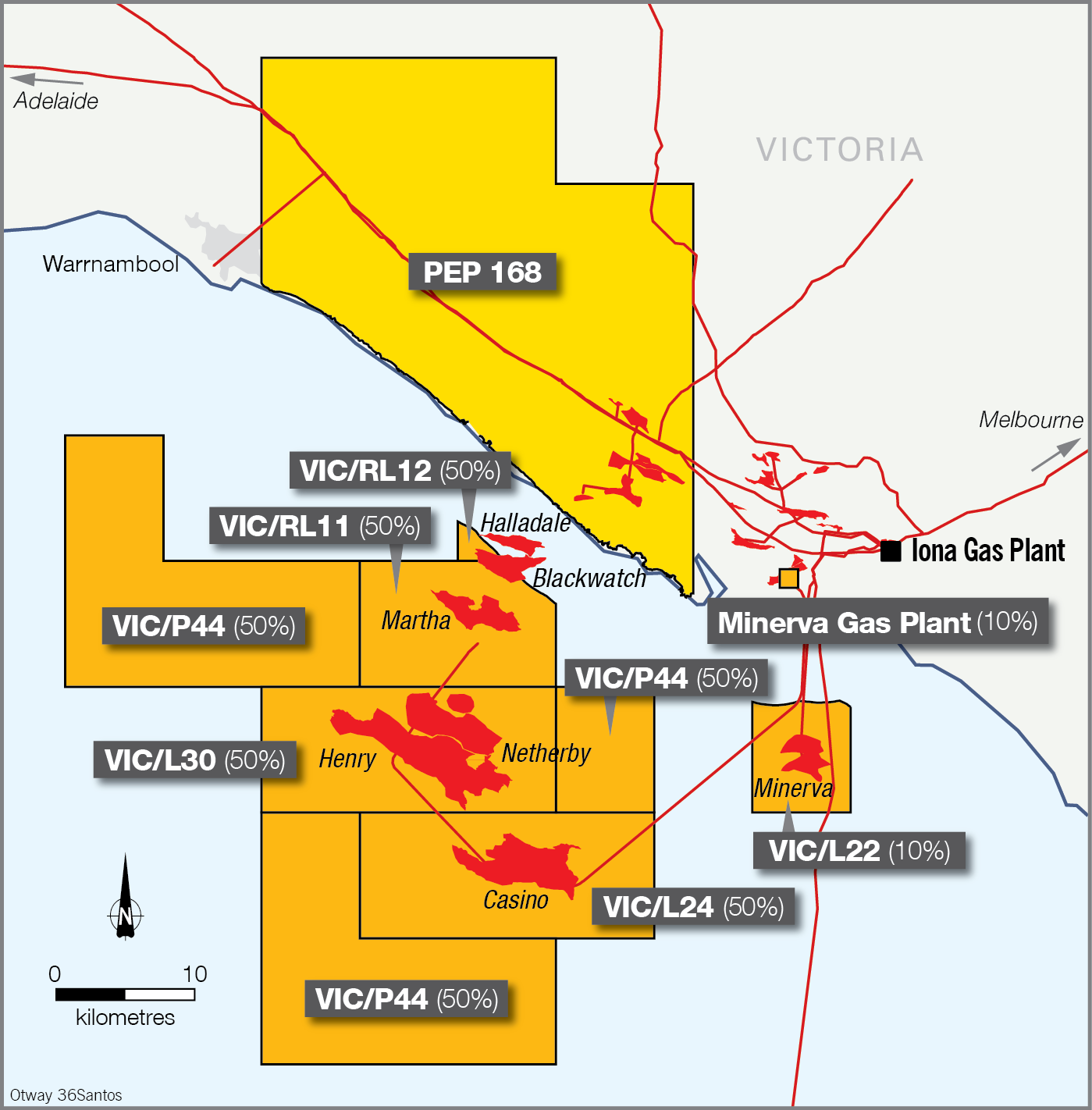 Location map - Activity: Casino, Netherby & Henry - Licence Areas VIC/L24 and VIC/L30 (inc offshore licensed pipelines VIC/PL37, VIC/PL37(V) and VIC/PL42) Environment Plan - Operations (refer to description)